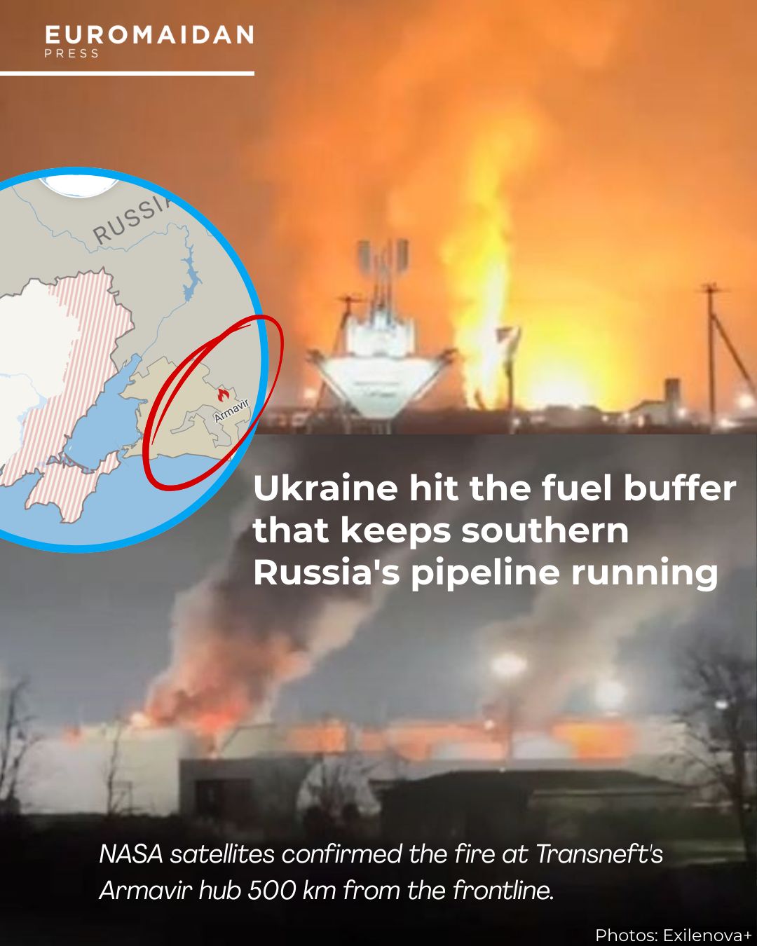 Ukrainian drones hit Armavir fuel depot, NASA satellites confirm fire