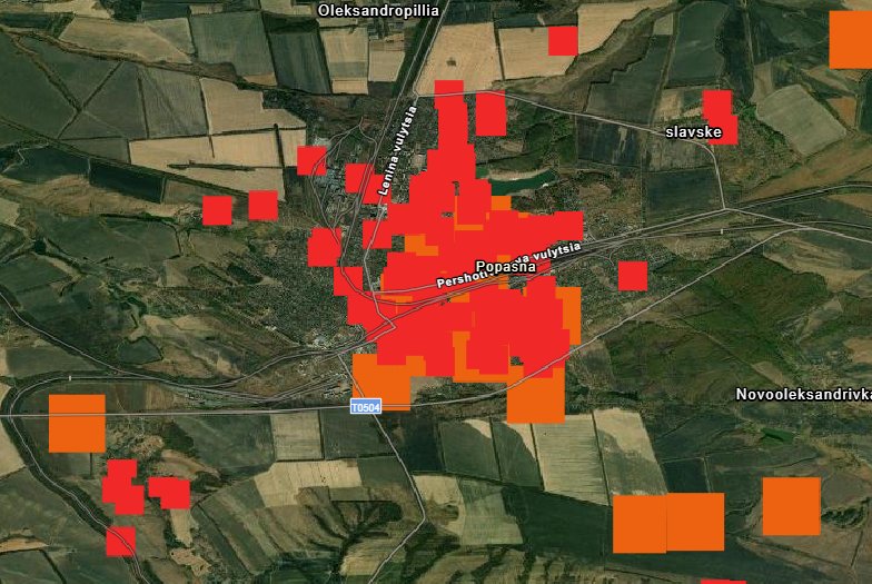 FIRMS data for Popasnaja shows little remaining after 4 weeks.