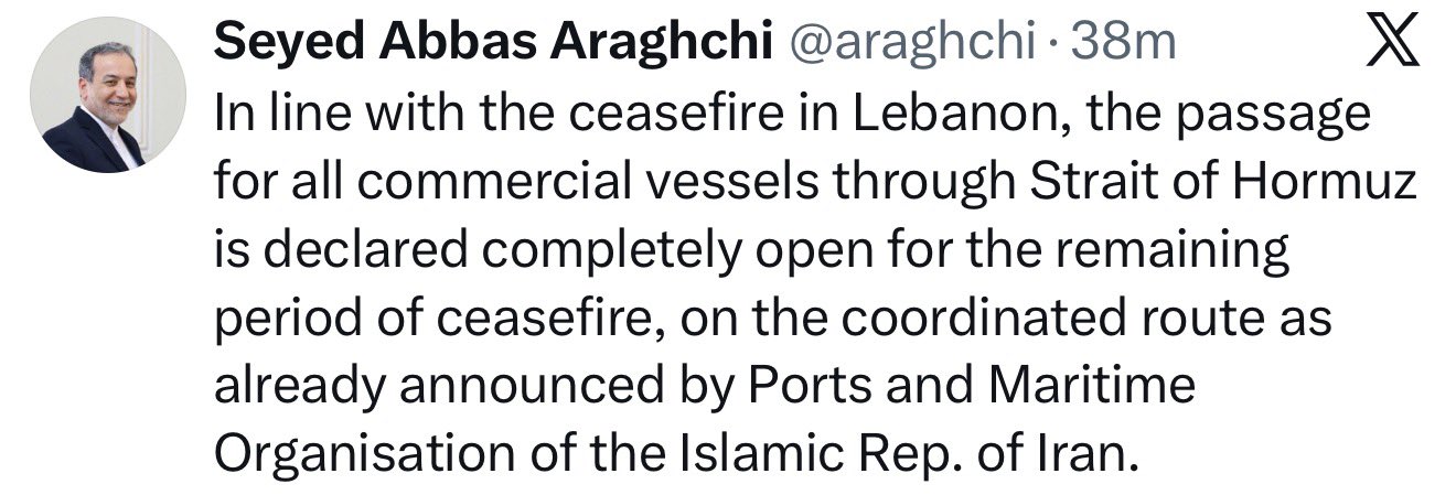 Iran Opens Strait of Hormuz Following Lebanon Ceasefire Agreement