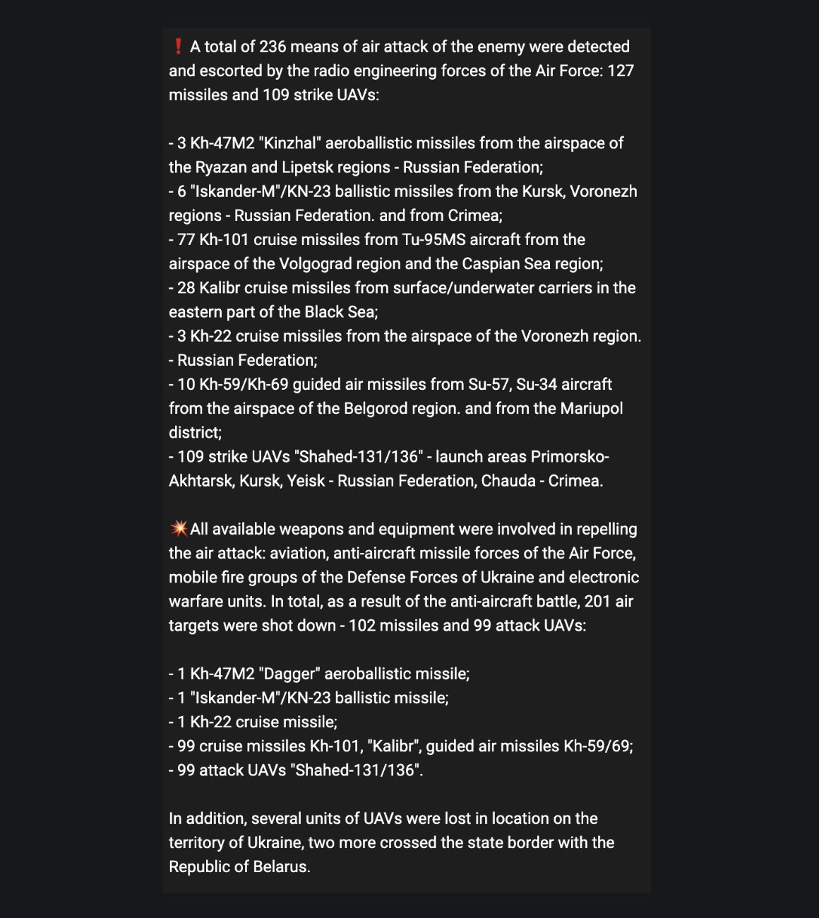 Massive Russian attack: 127 missiles and 109 drones