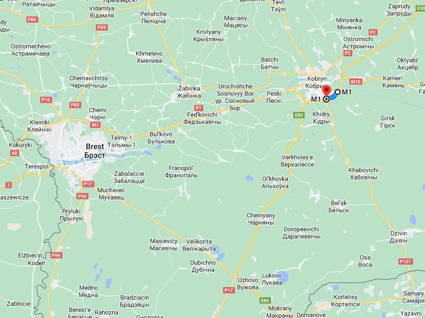 Belarusian military convoy near Brest (17 trucks, 6 BTRs, 3 BRDMs)