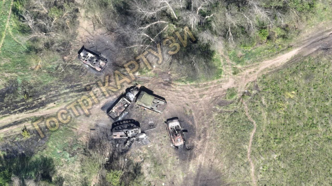 Destroyed Russian BMPs and truck in Kharkiv