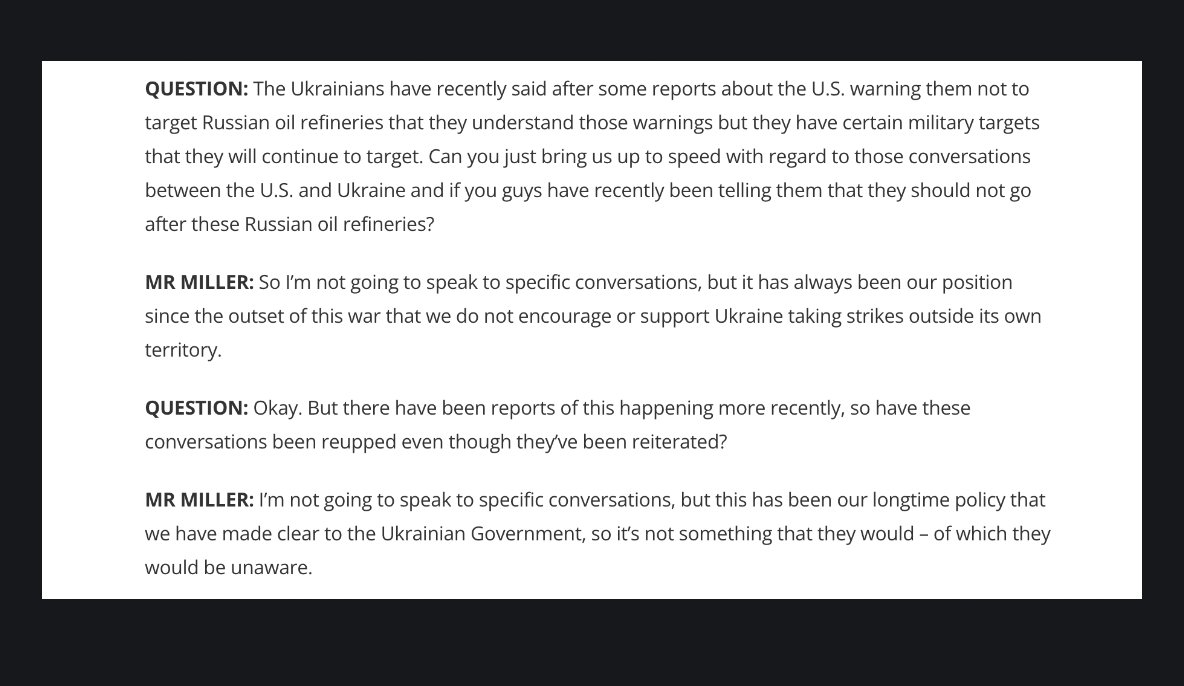 US asks Ukraine not to target Russian refineries