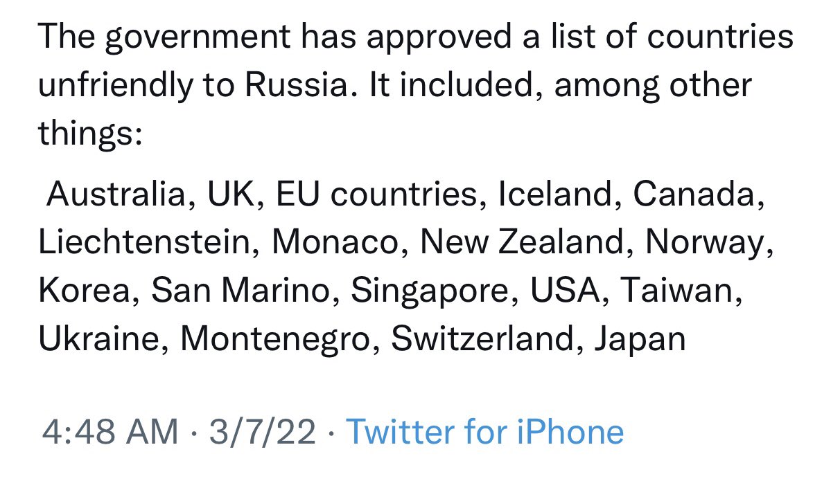 Russia’s absurd list of ‘unfriendly’ countries