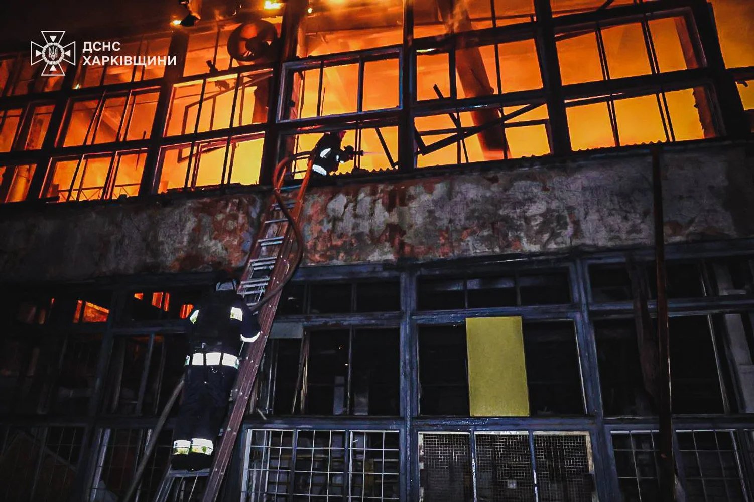 Strike hits residential buildings, causing fires; emergency services respond.