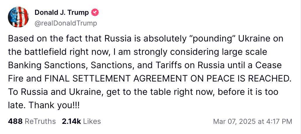 Proposes large-scale sanctions on Russia for ceasefire and peace settlement