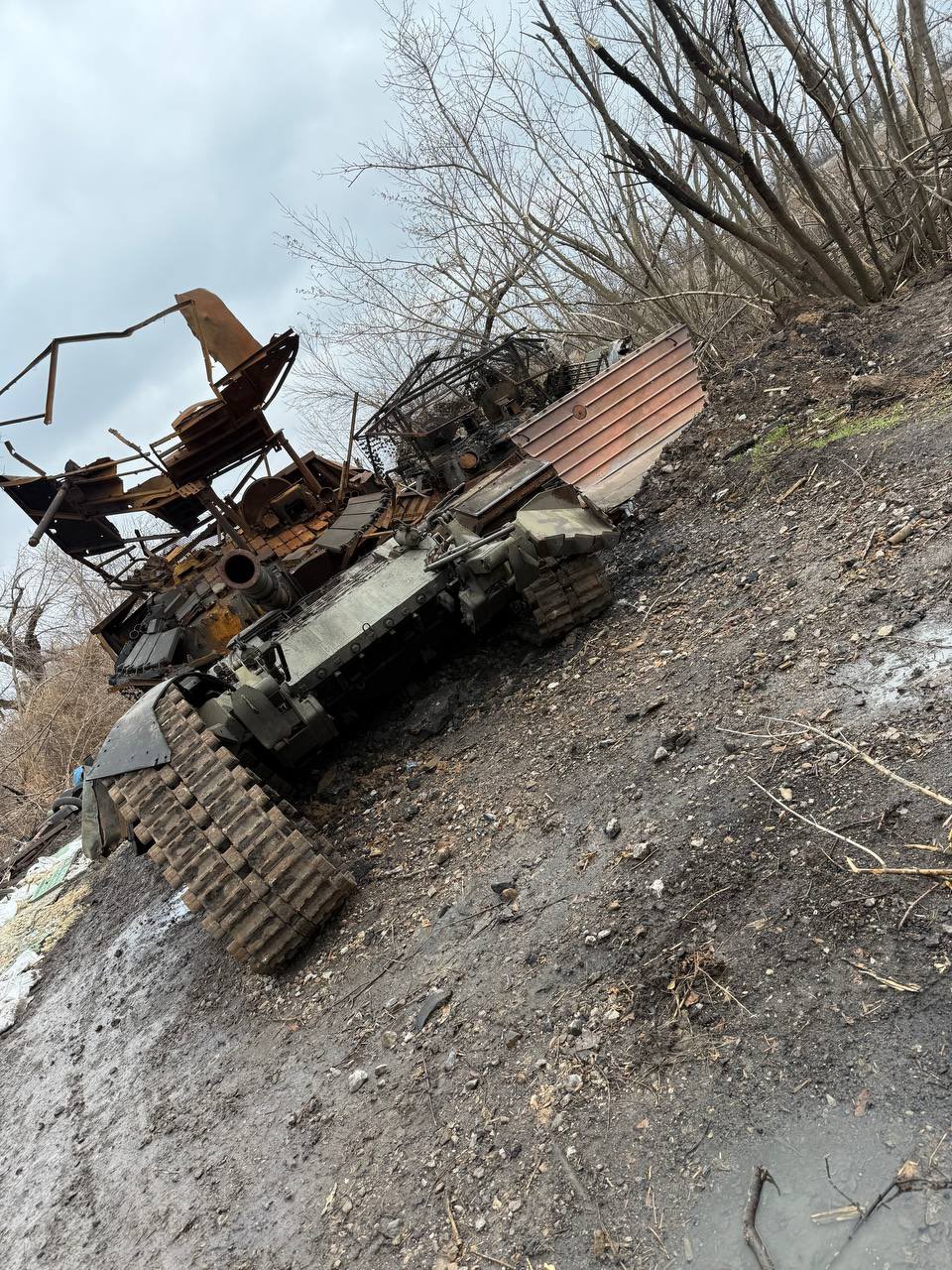Destroyed Russian T-80BVM tank and BMP-2 near Pokrovsk