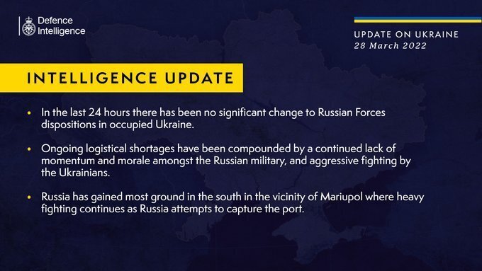 UK Defence Intelligence update on Ukraine war – March 28, 2022
