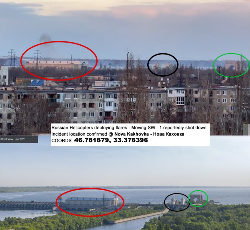 Hélicoptères russes tirent des leurres à Nova Kakhovka