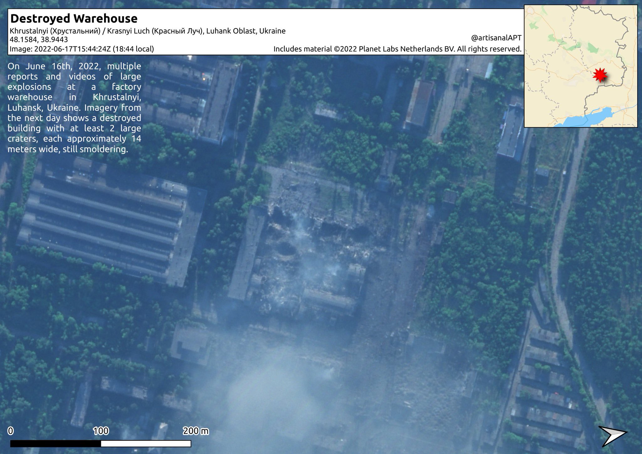 Large explosions in Khrustalnyi, Ukraine on June 16, destroying buildings and leaving craters.