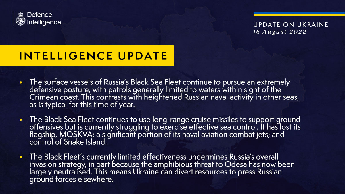 British Defence Intelligence Update Ukraine – 16 août 2022