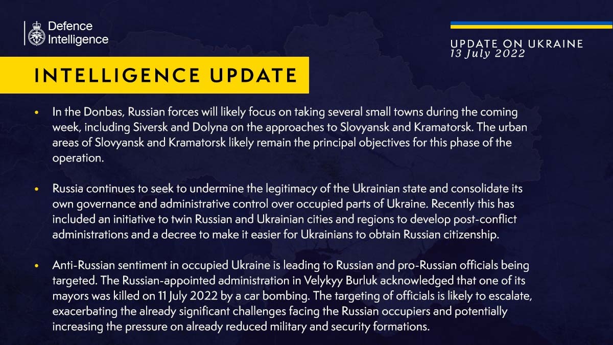 British Defense Intelligence Ukraine Update July 13, 2022