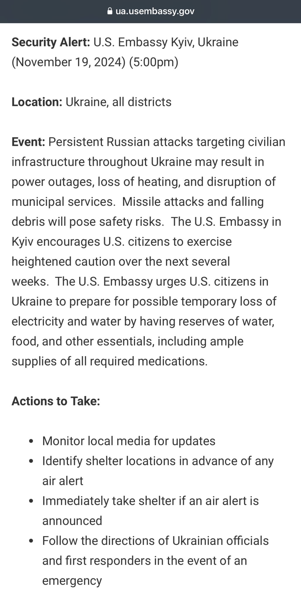 US Embassy in Kyiv issues security alert