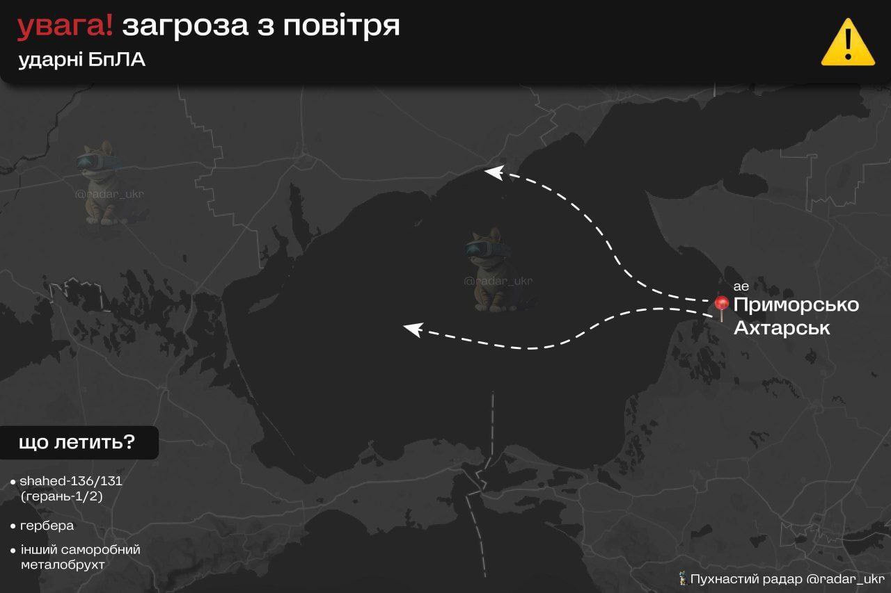 Threat of Shahed-136/131 and Gerbera drones from Primorsko-Akhtarsk