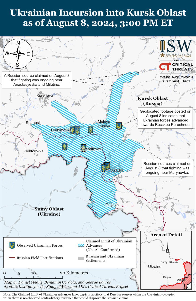 Map of Ukrainian advance in Kursk region from ISW
