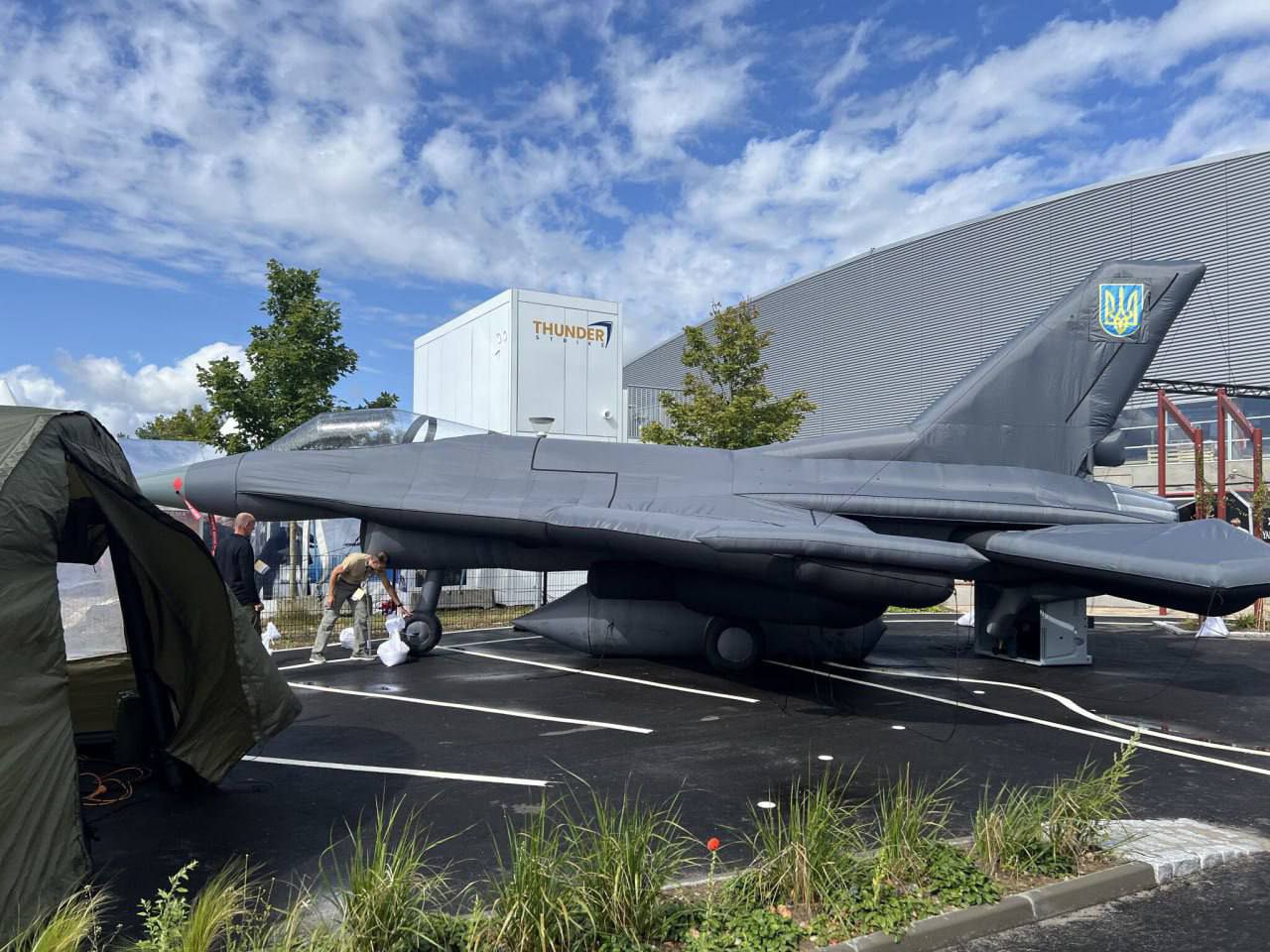 Inflatable F-16 decoy with Ukrainian Air Force symbols at Denmark exhibition