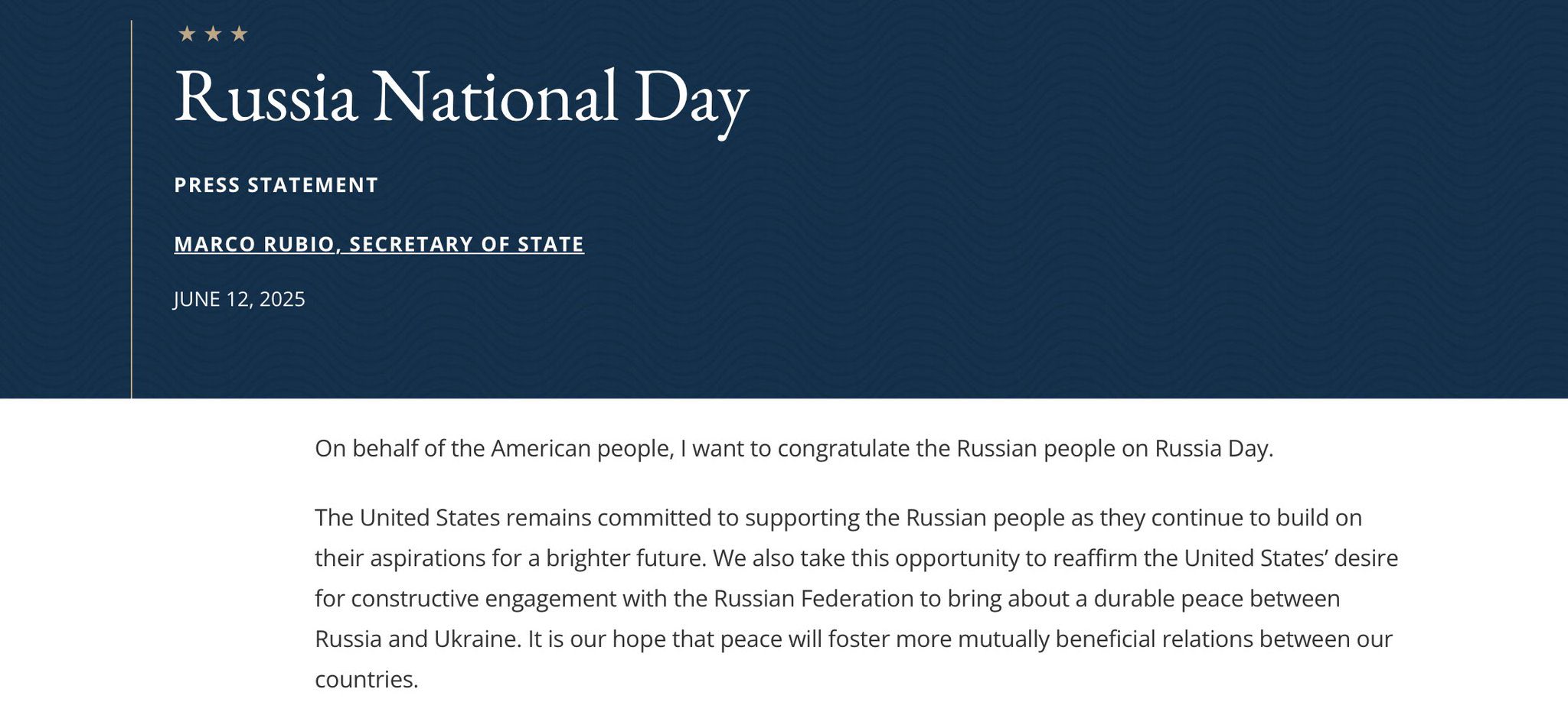 Rubio hails Russia on its National Day