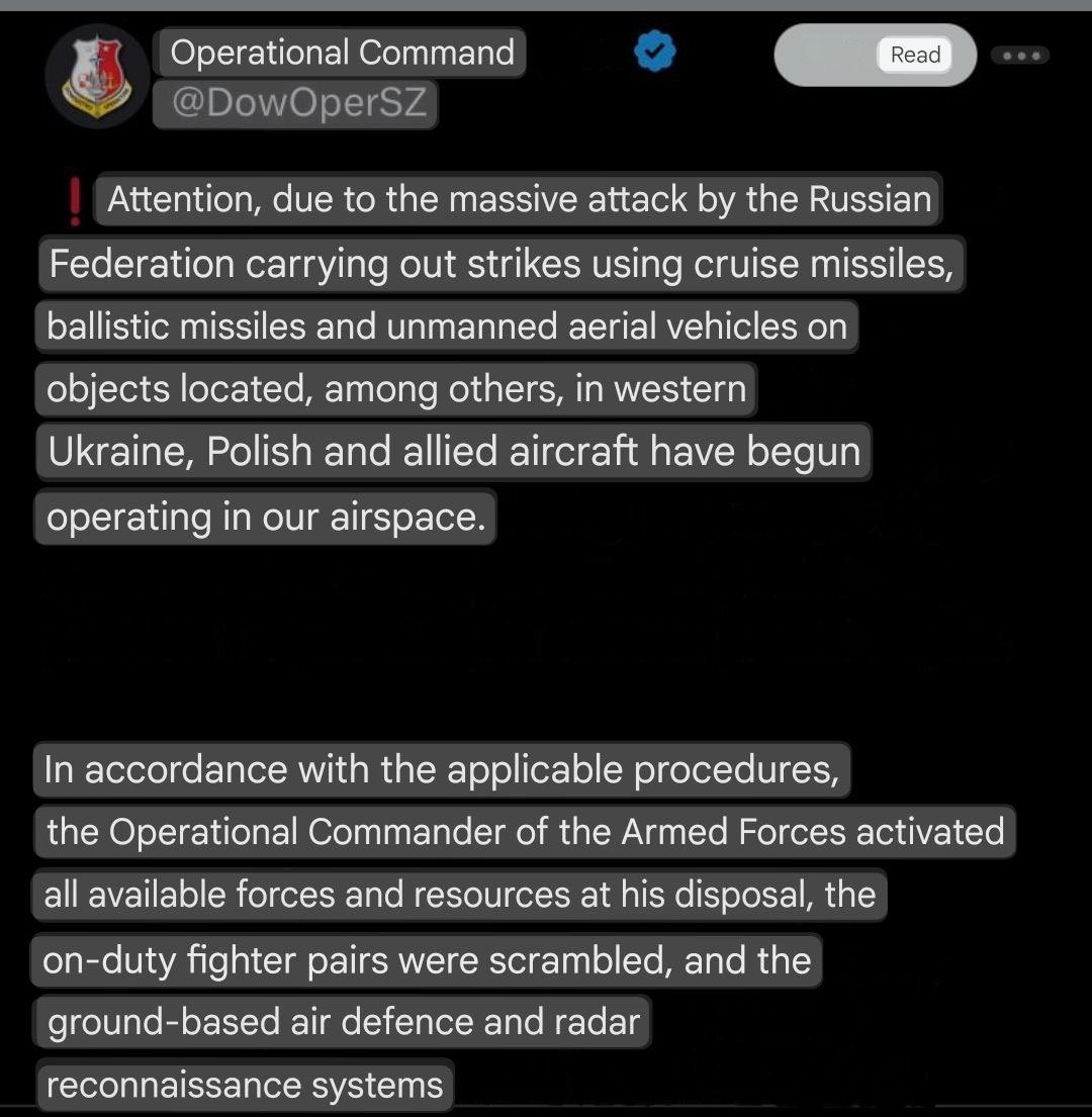 Poland scrambles jets and activates air defense amid Russian missile attack on Ukraine