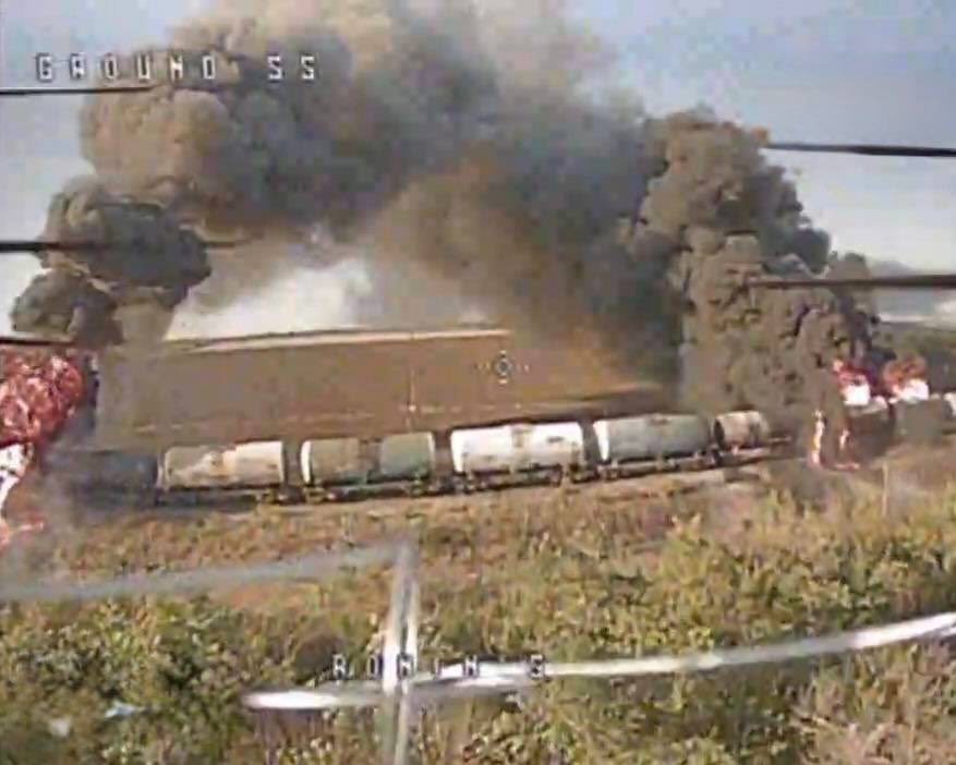 Moment of Ukrainian FPV attack on Russian fuel train
