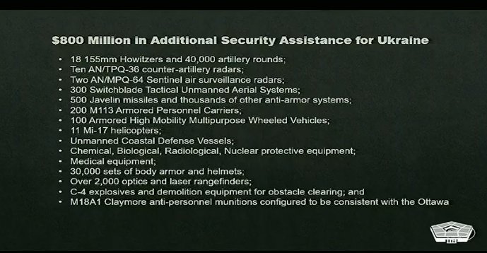 US $800M Ukraine aid package: 18 howitzers, 11 Mi-17s, 200 M113s, 300 Switchblades