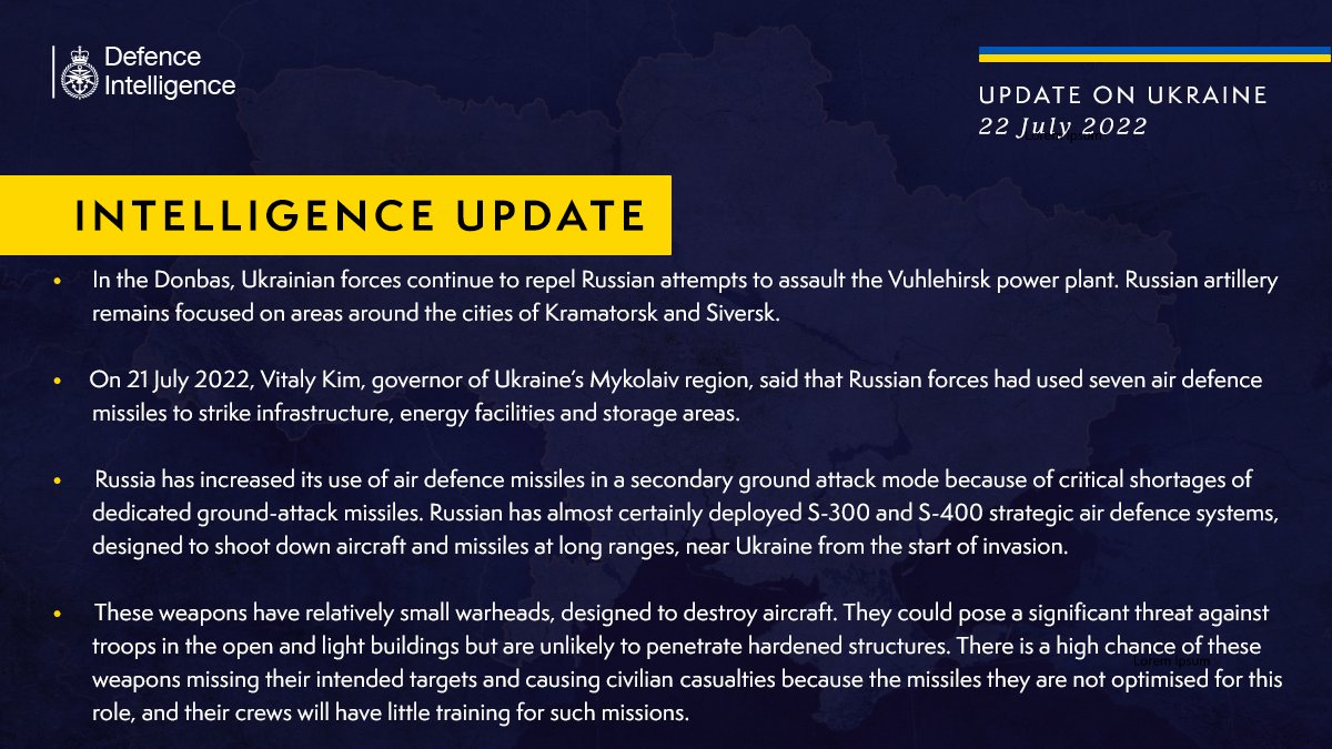 British Defense Intelligence Ukraine Update July 22, 2022