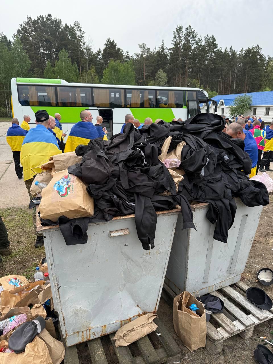Garbage cans overflow with Russian uniforms after exchange
