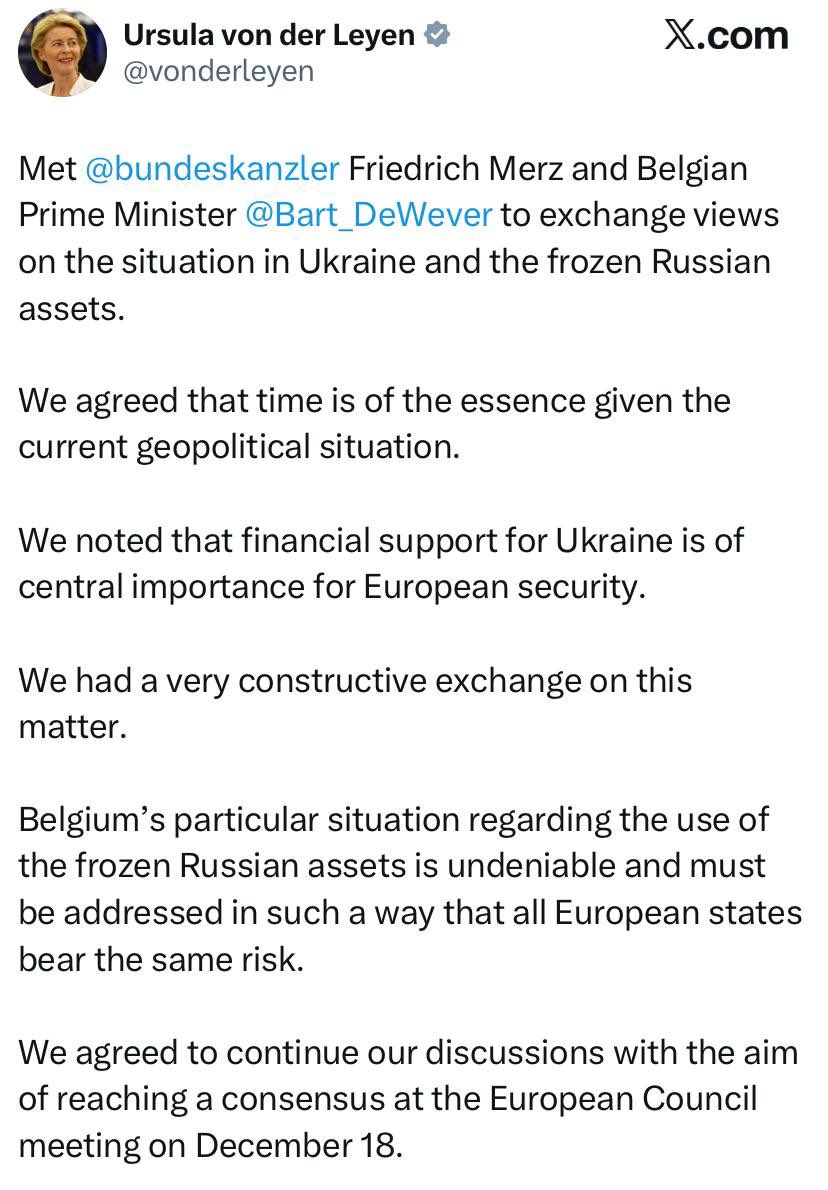 Von der Leyen: Financial support for Ukraine vital for European security, discusses Belgian position on Russian assets.