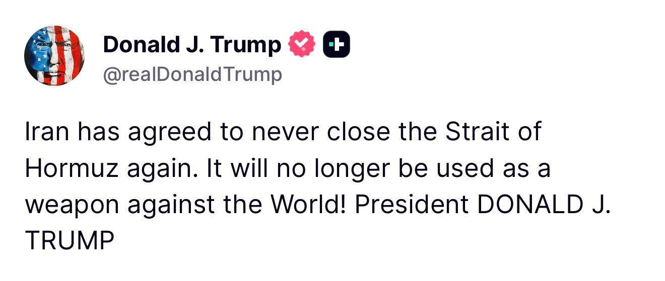 Trump: Iran Agrees to Never Close Strait of Hormuz Again