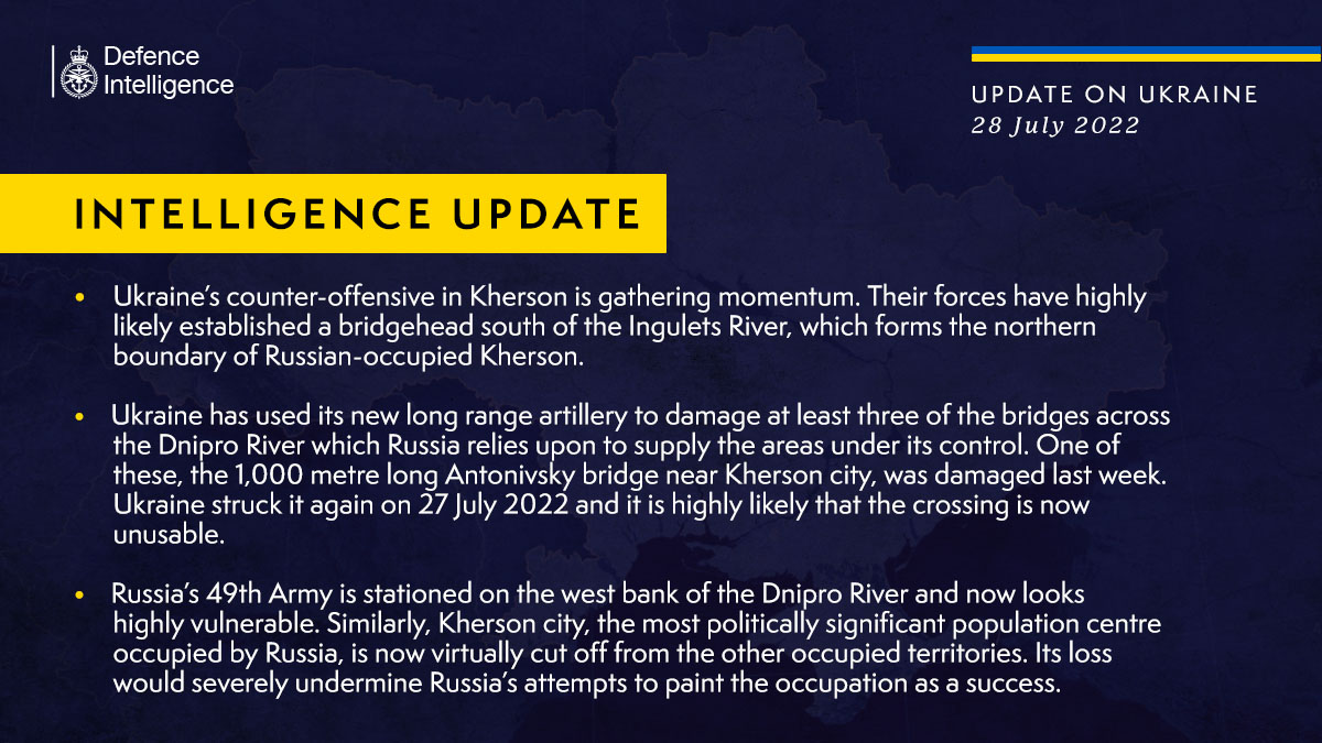 British Defence Intelligence Update on Ukraine War