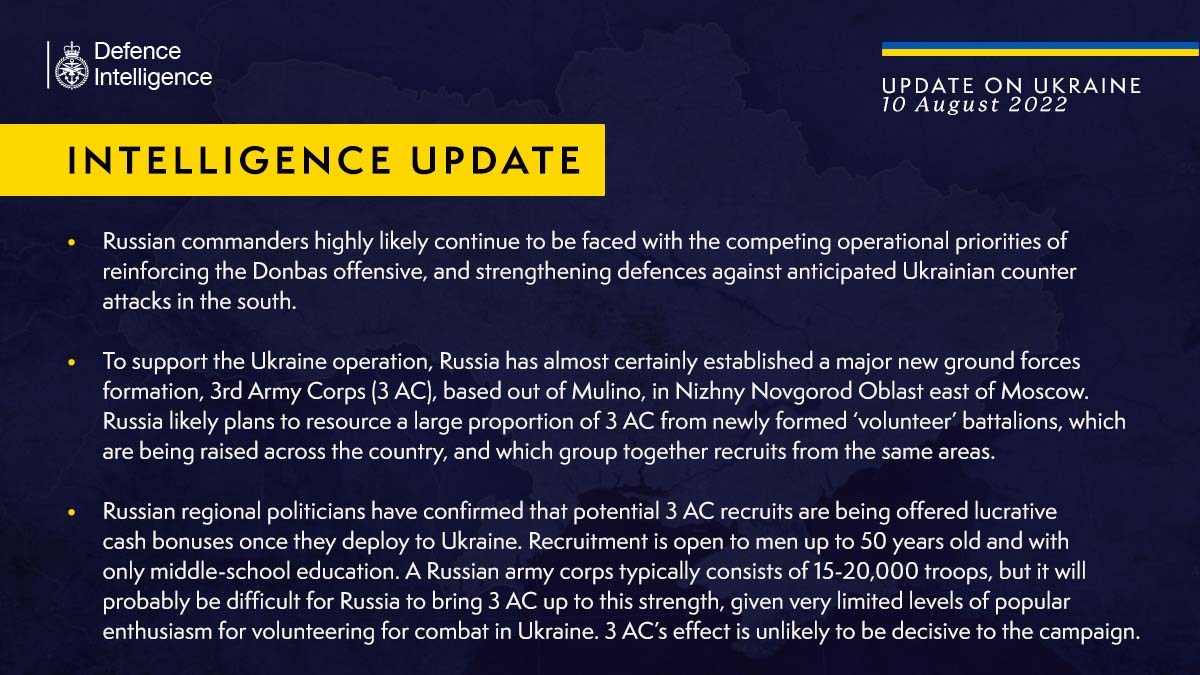 British Intelligence Update on Ukraine War – 10 Aug 2022