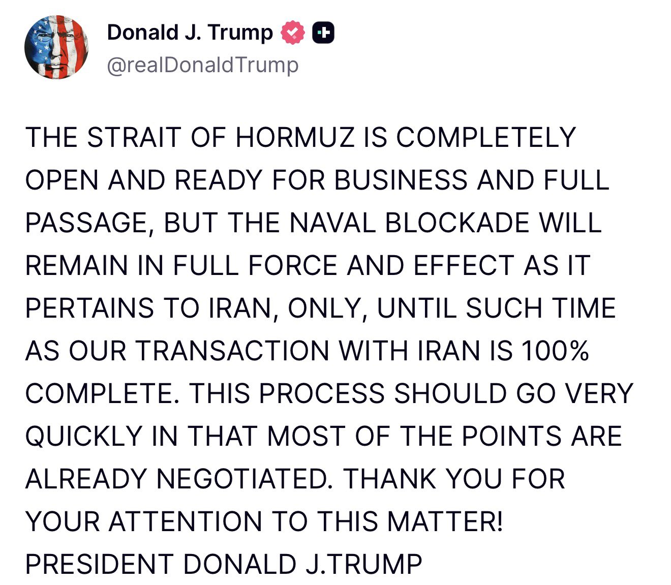 US to Maintain Iran Blockade Despite Hormuz Reopening Announcement