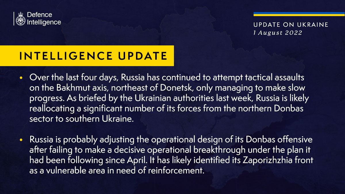 British Defence Intelligence update on Ukraine for August 1, 2022
