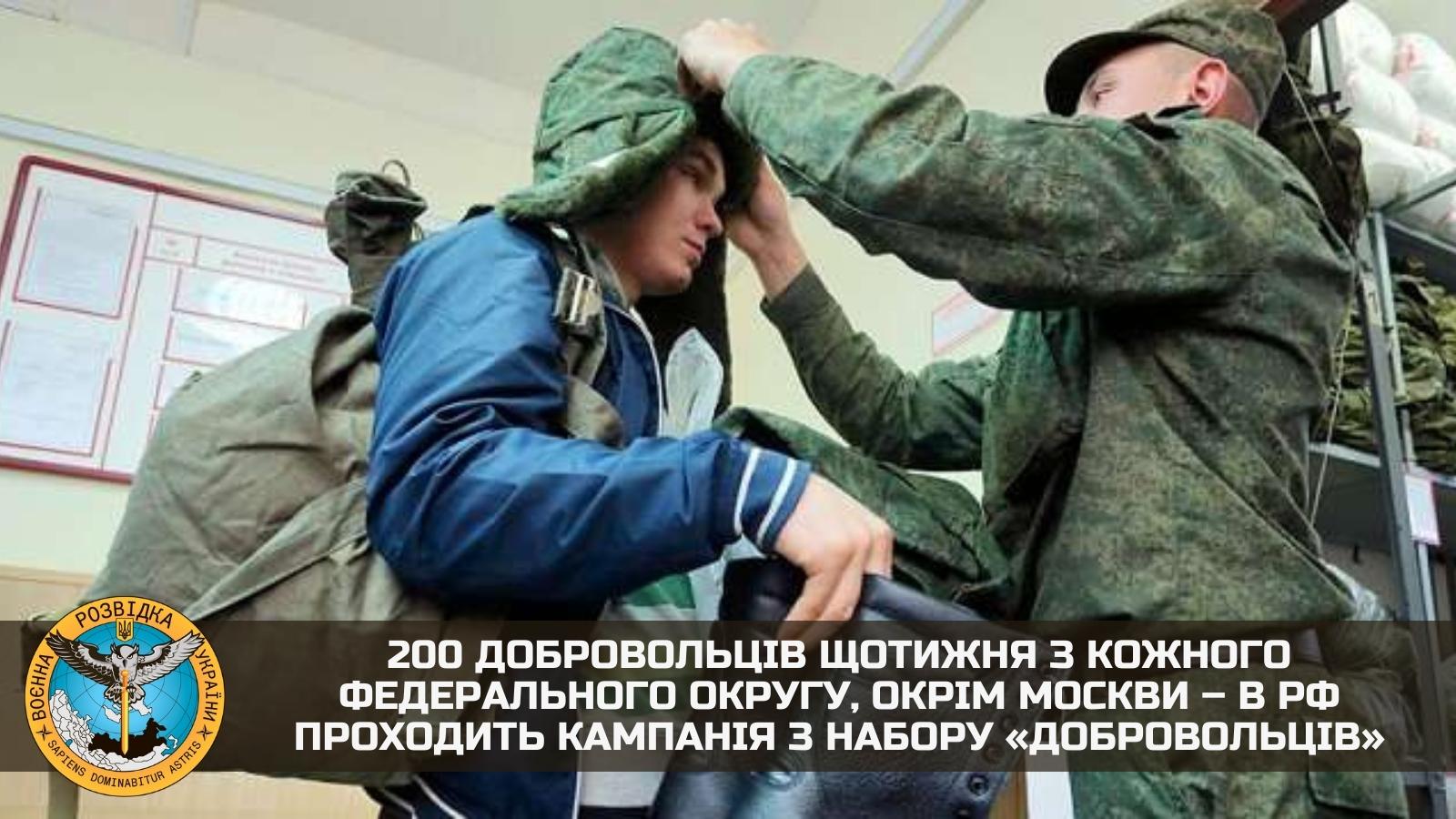 Russia recruits 200 “volunteers” weekly from each federal district, excluding Moscow