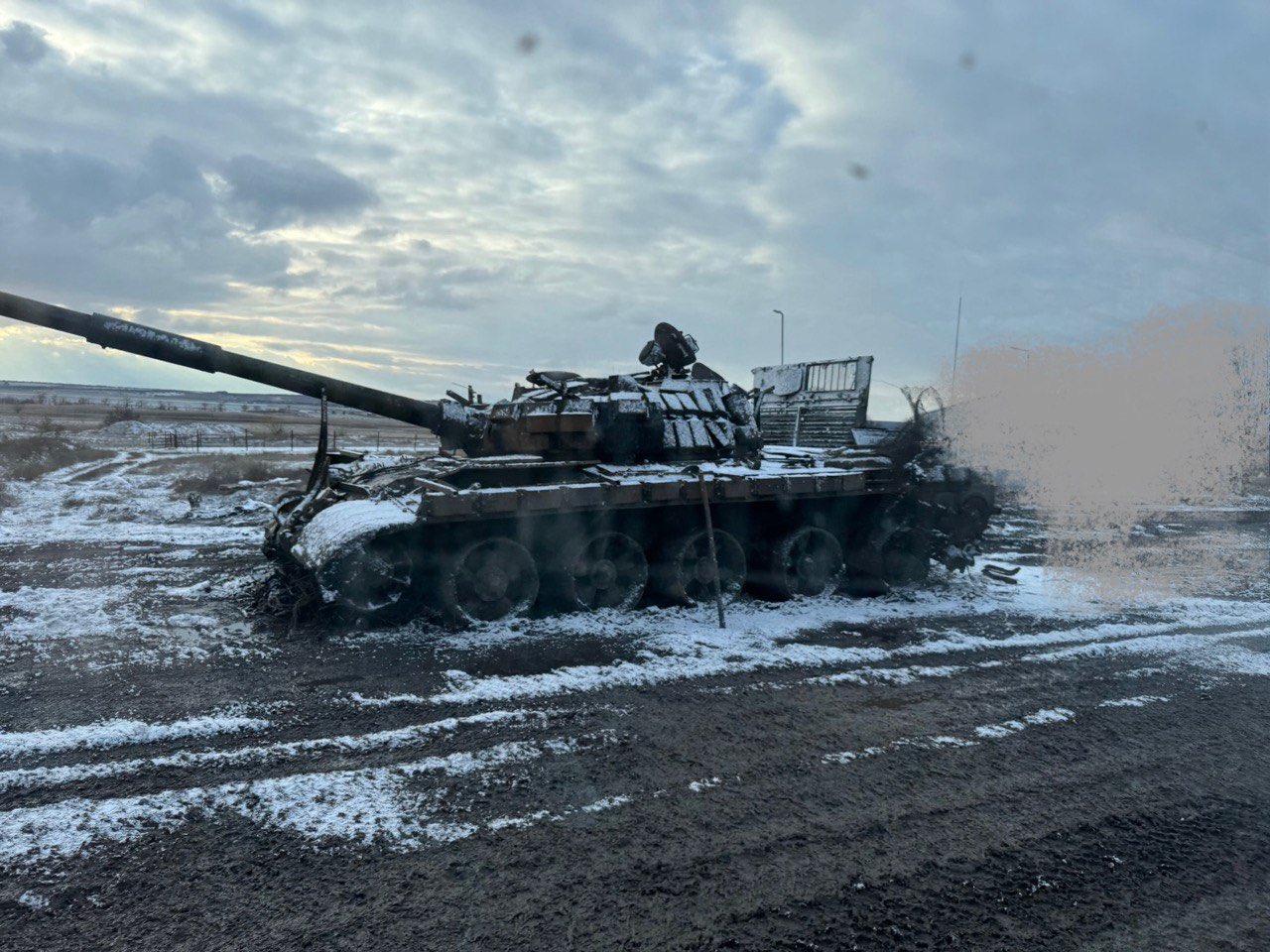 Destroyed Russian T-62M tank in Donetsk region