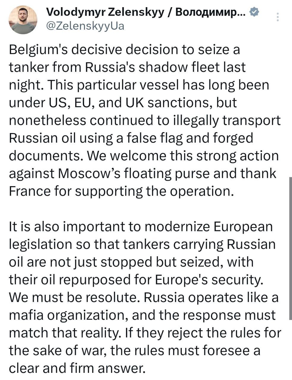 Zelensky calls for seizing Russian shadow fleet tankers