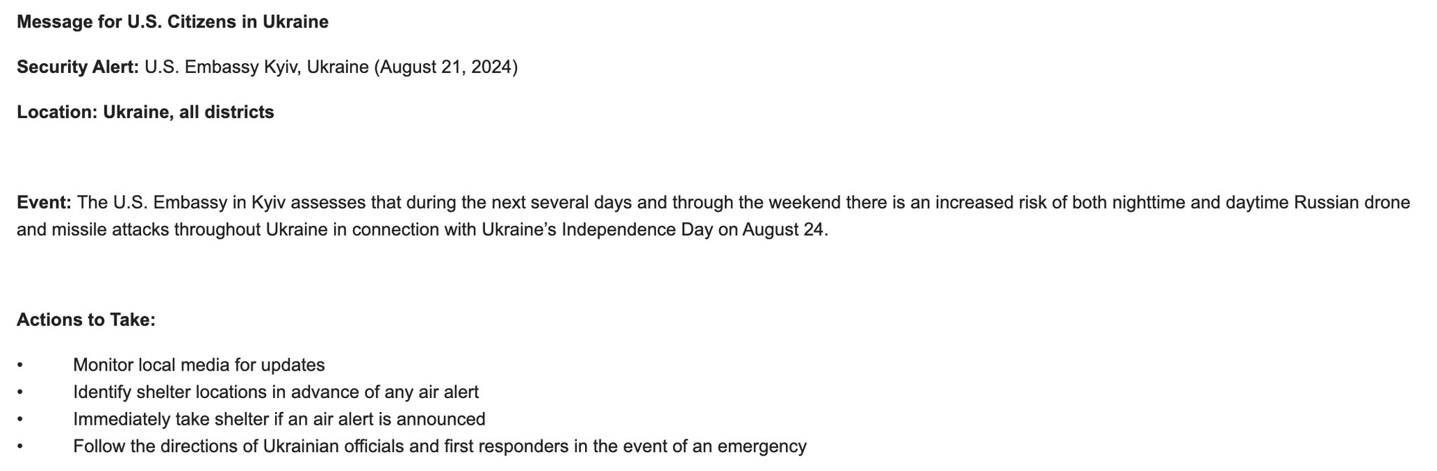 US Embassy Kyiv alert on Russian attacks before Independence