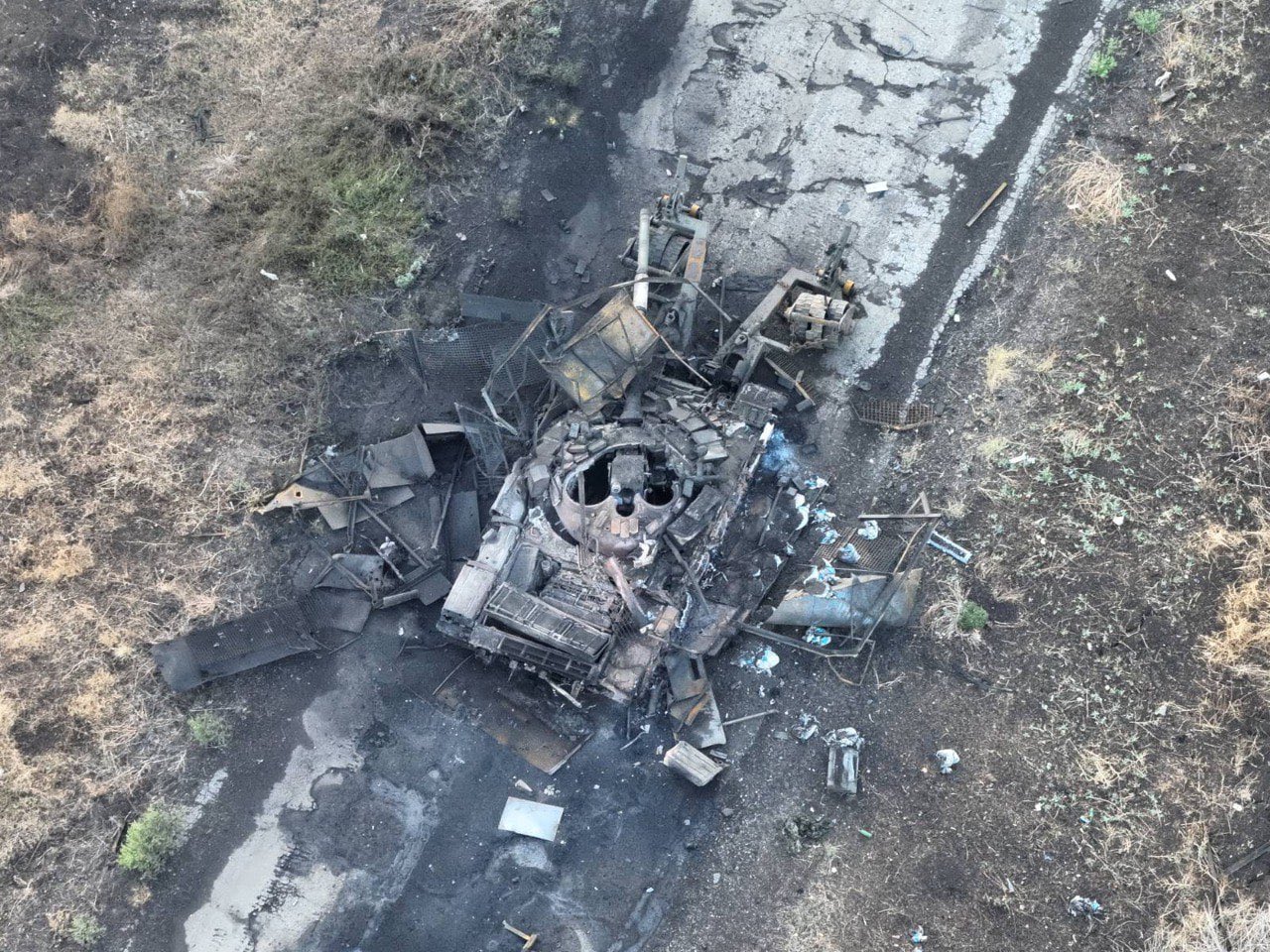 Destroyed Russian T-72B3M tank in Donetsk region