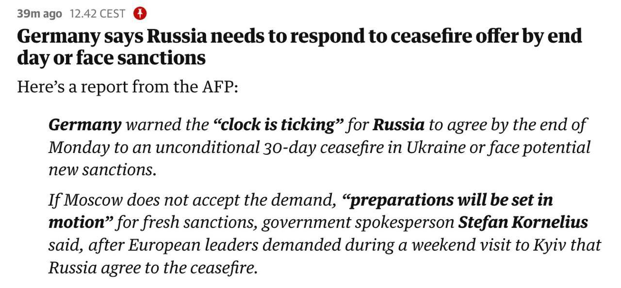 Putin has 10 hours for ceasefire response, Germany warns of tough consequences.