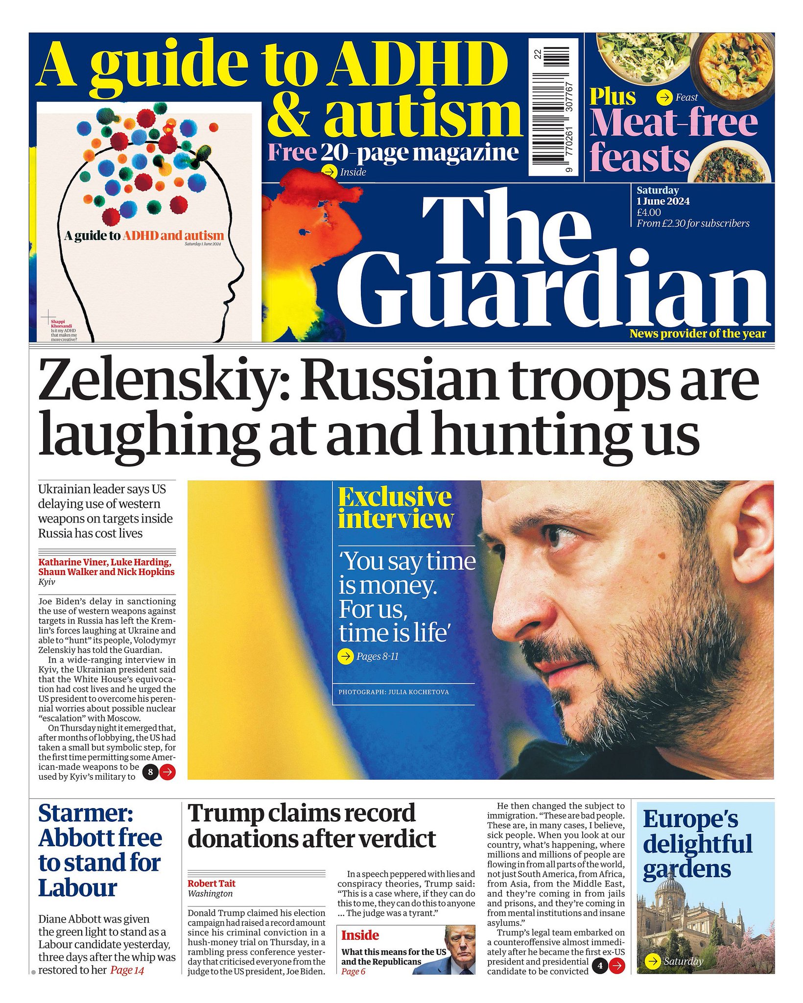 Guardian features Zelenskiy interview on front page