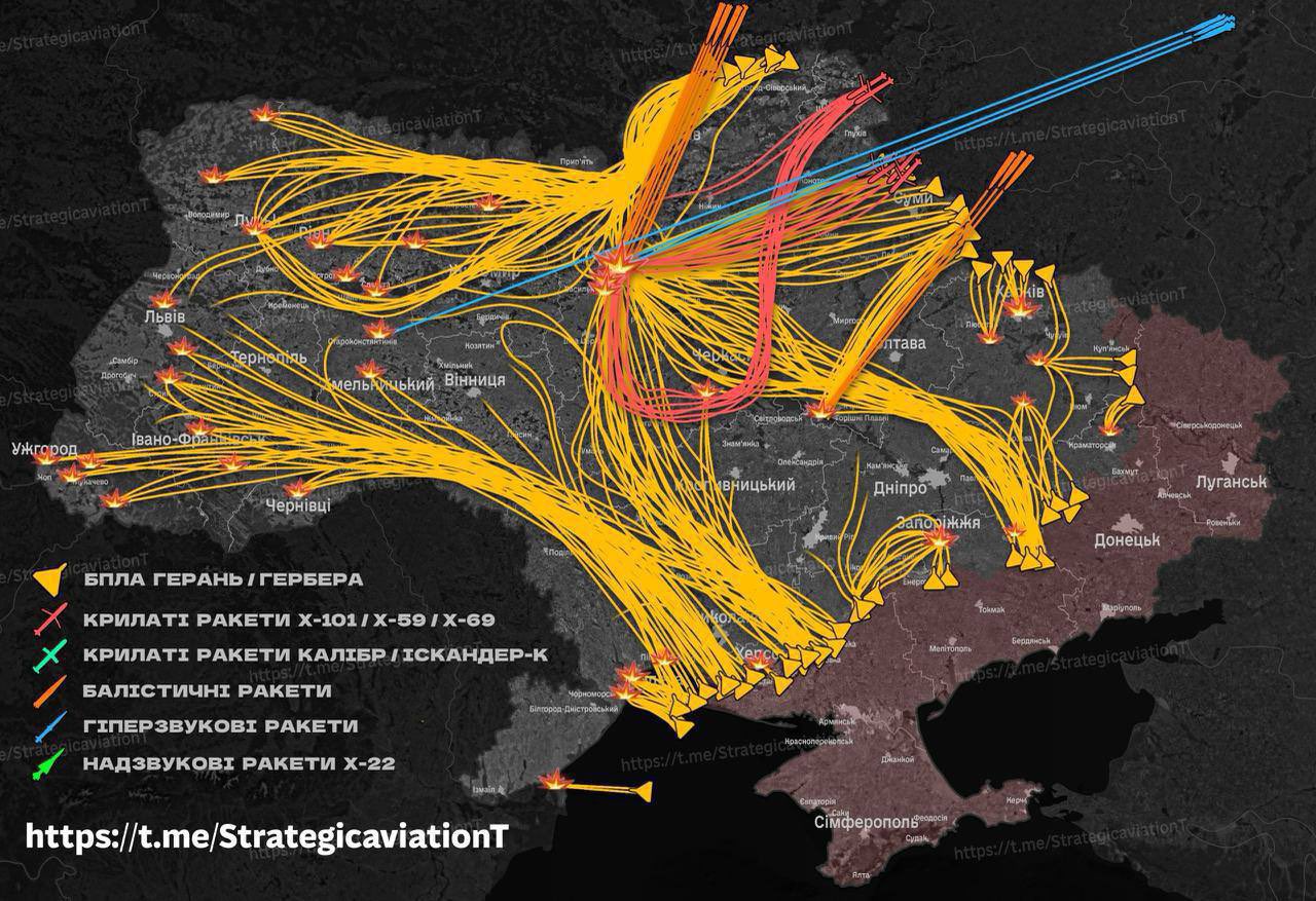 Russian missiles and drones route in night attack on Ukraine