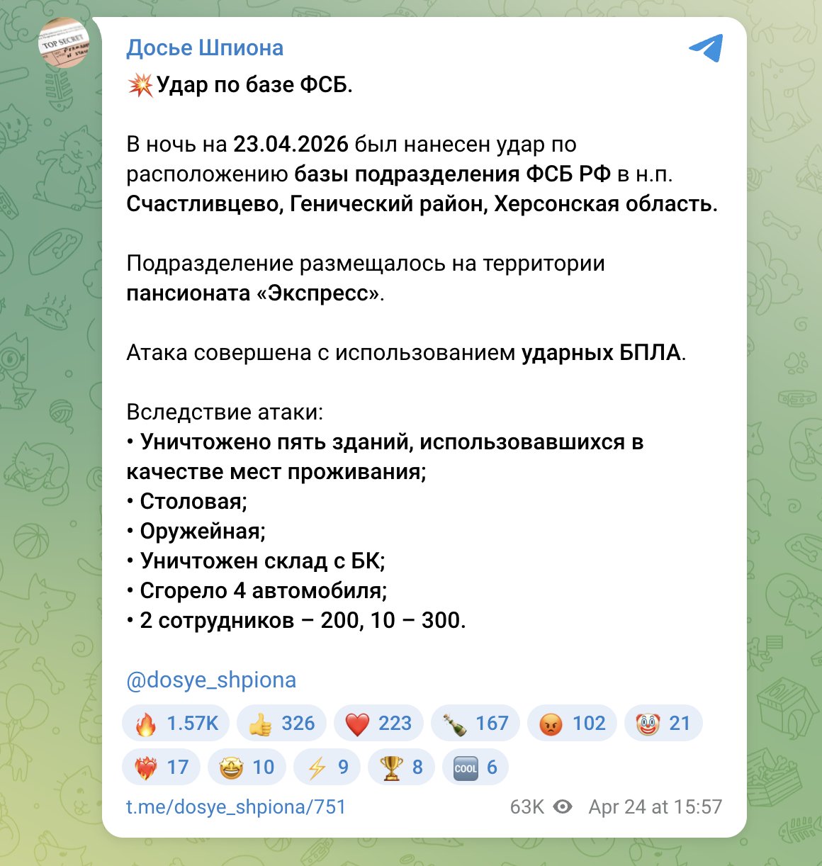 Ukrainian Drone Strikes FSB Base in Occupied Kherson Region