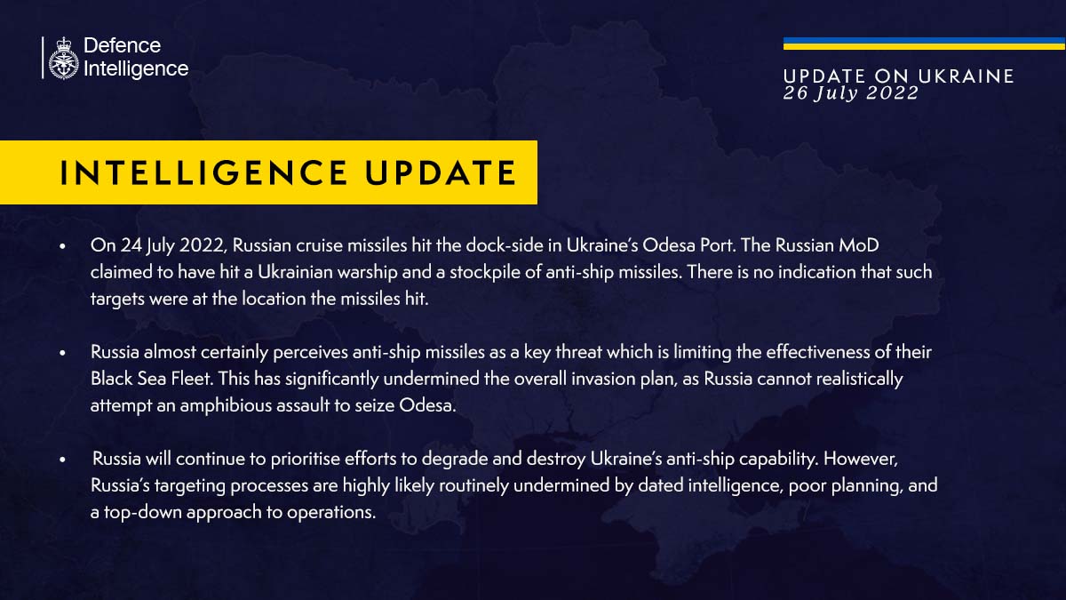 British Defence Intelligence Update Ukraine β 26 July 2022