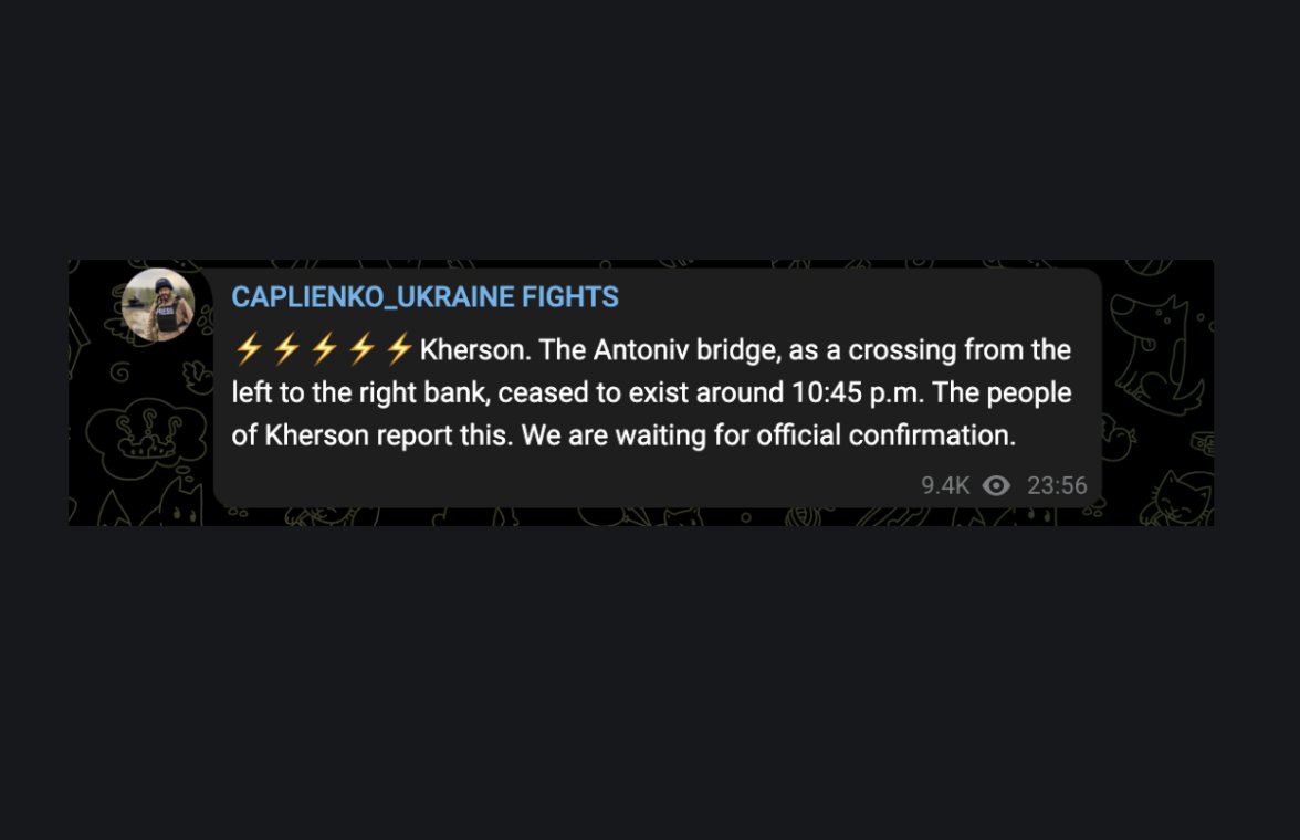 Ukrainian sources: Antonovsky Bridge in Kherson destroyed by artillery