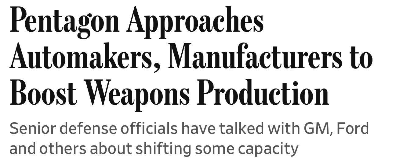 Pentagon Asks Ford and GM to Restart Military Equipment Production