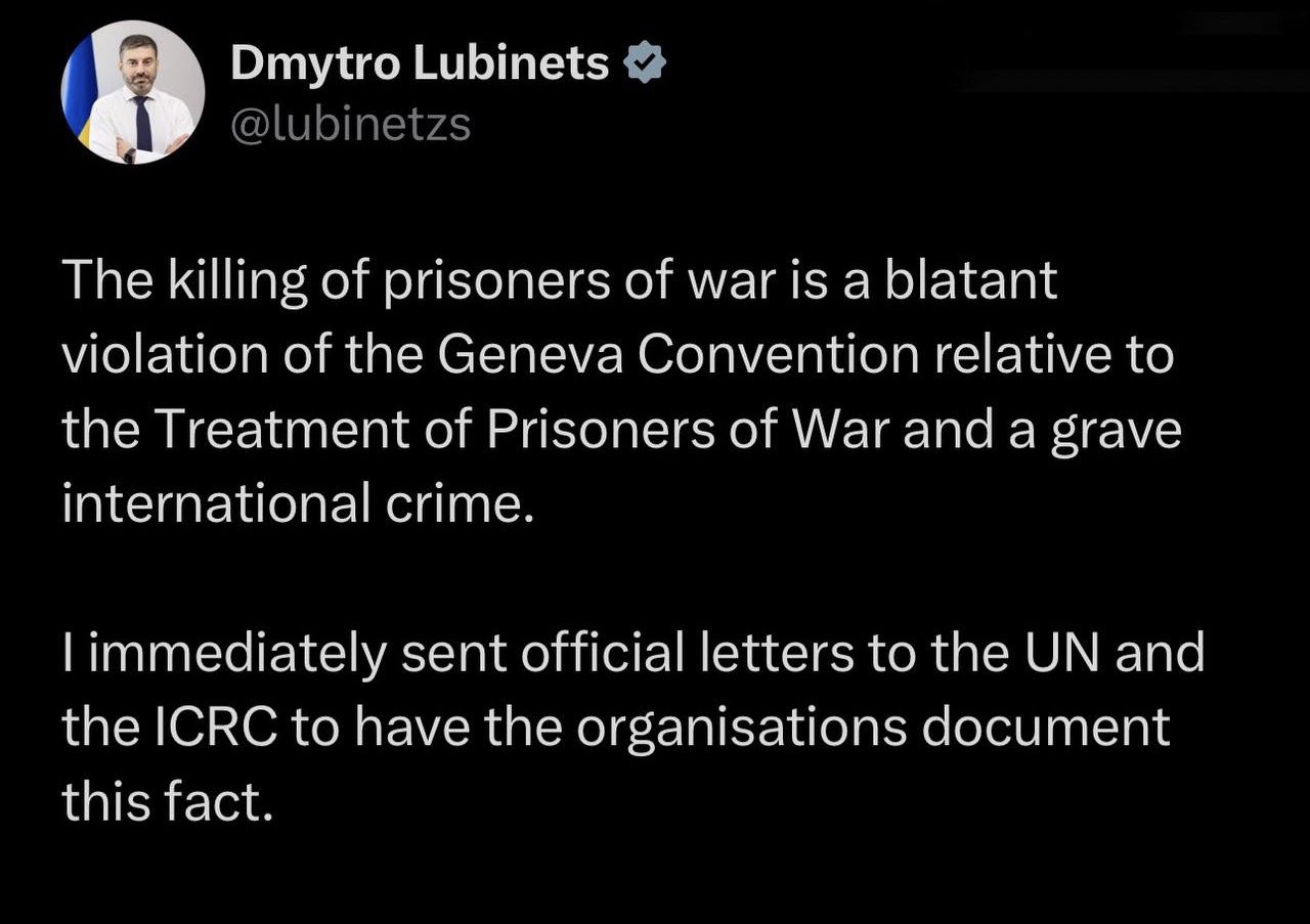 Ukraine’s ombudsman appeals to UN, Red Cross over POW killings