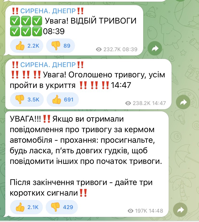 Air raid sirens in Dnipro sound nonstop for hours