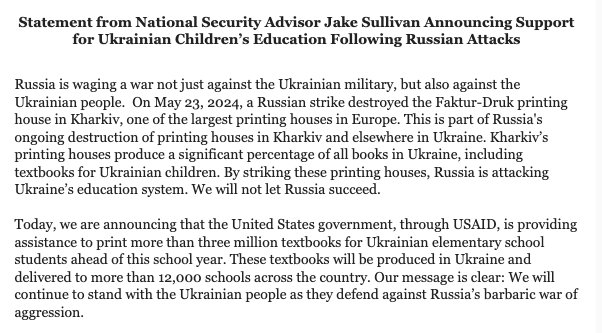 Sullivan: Russia targeting Ukrainian education by striking printing houses