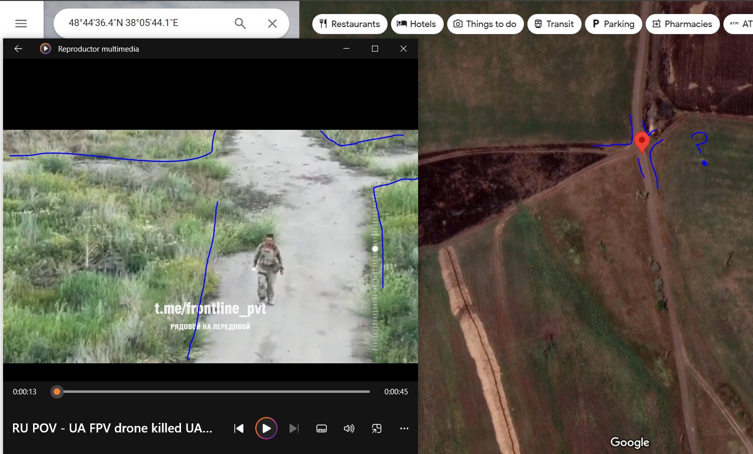 FPV drone likely from the east, Russian positions also east