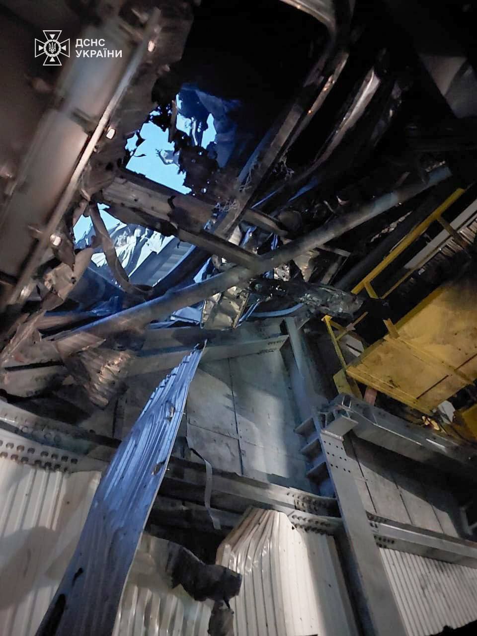 Gap in Chernobyl sarcophagus, burnt Shahed engine