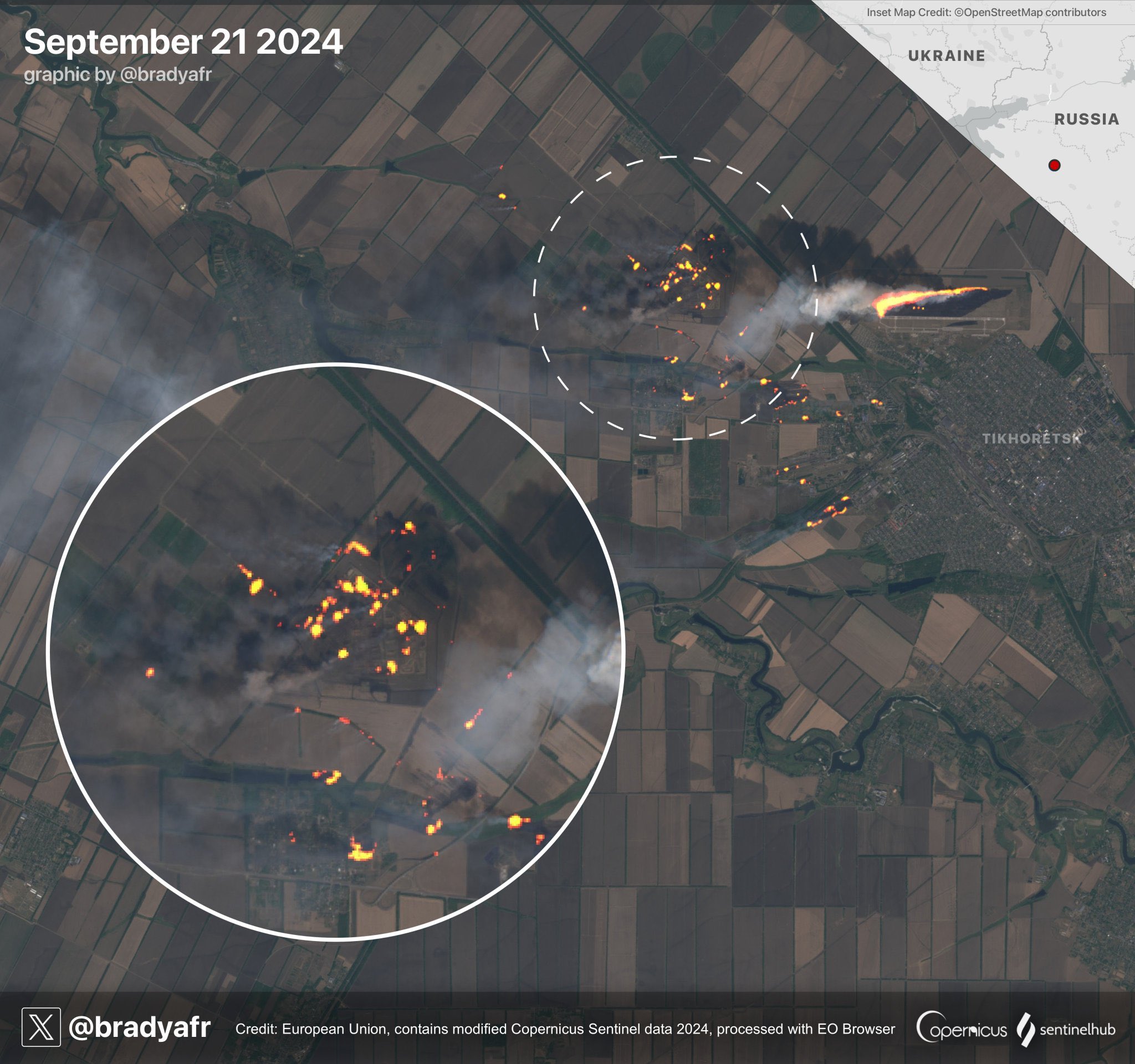 Satellite images of destroyed Russian ammunition depot in Tikhoretsk